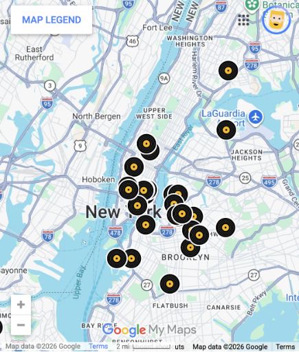 Google My Maps-kaart van New York met ronde vinylplaat-iconen — klik om de winkels te ontdekken